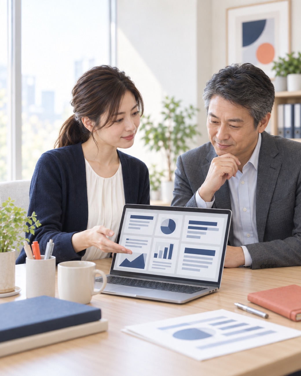 できた資料を上司に見せている会社員